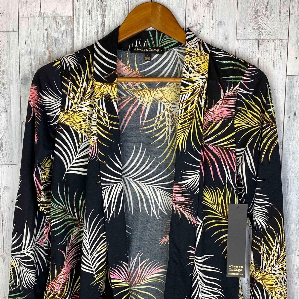 Always Indigo Tropical Shawl Collar Open Sweater Large NWT